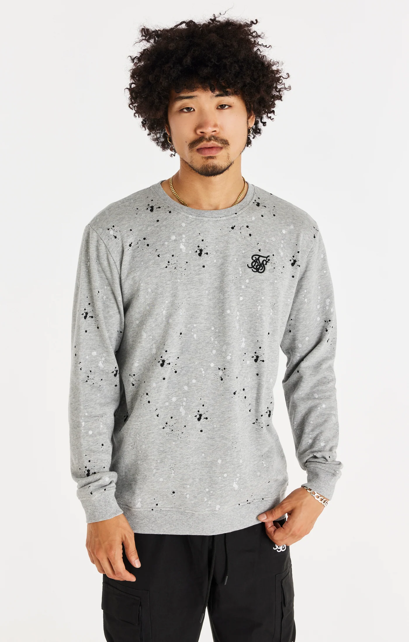 SikSilk Oversized Paint Splatter Sweater - Grey Marl