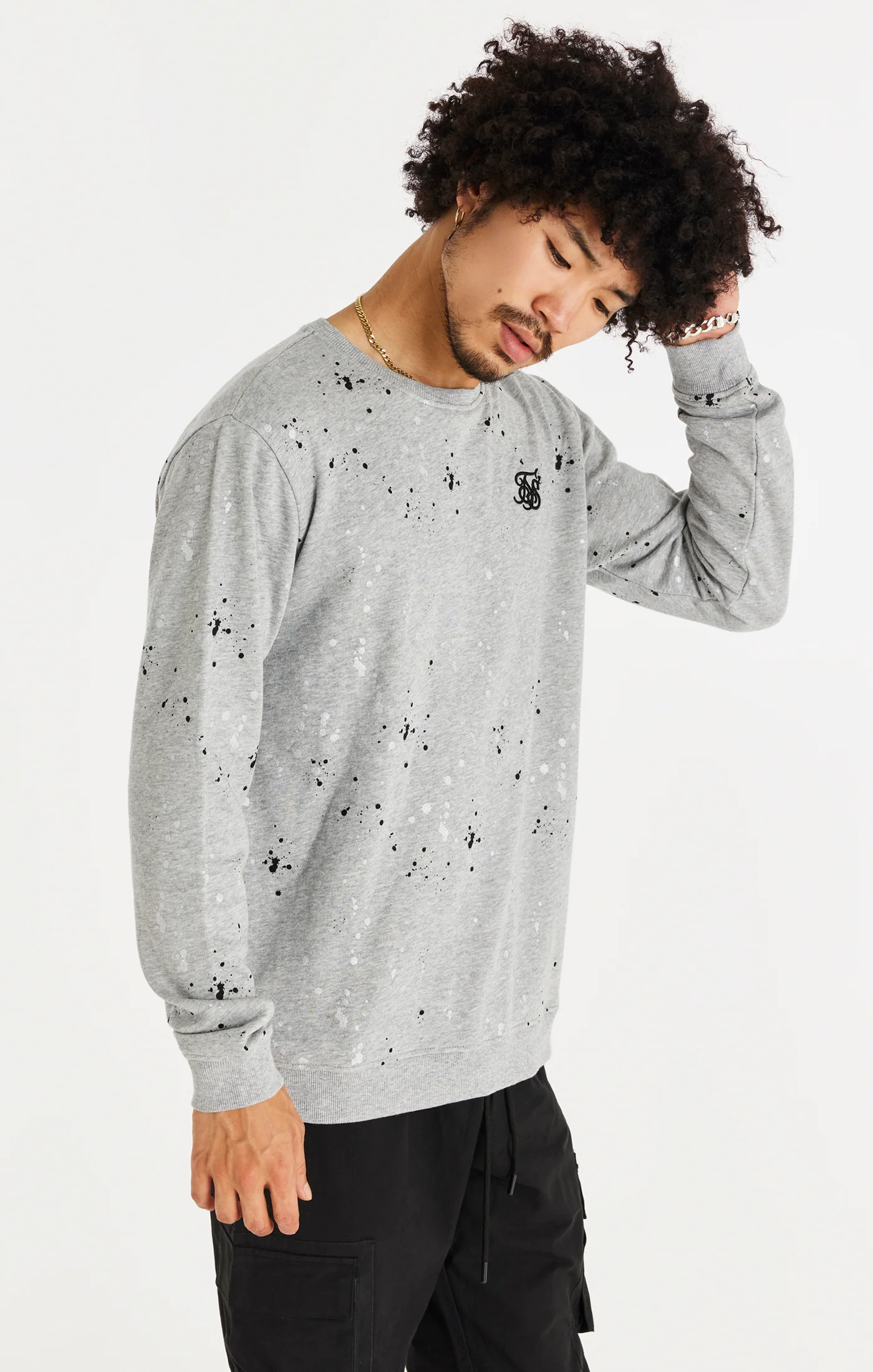 SikSilk Oversized Paint Splatter Sweater - Grey Marl - Image 2