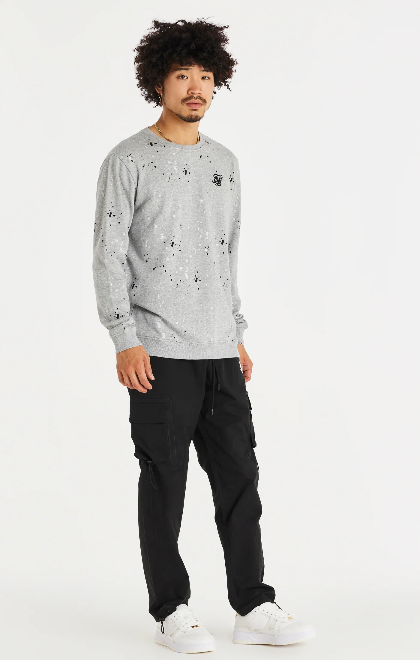 SikSilk Oversized Paint Splatter Sweater - Grey Marl - Image 4