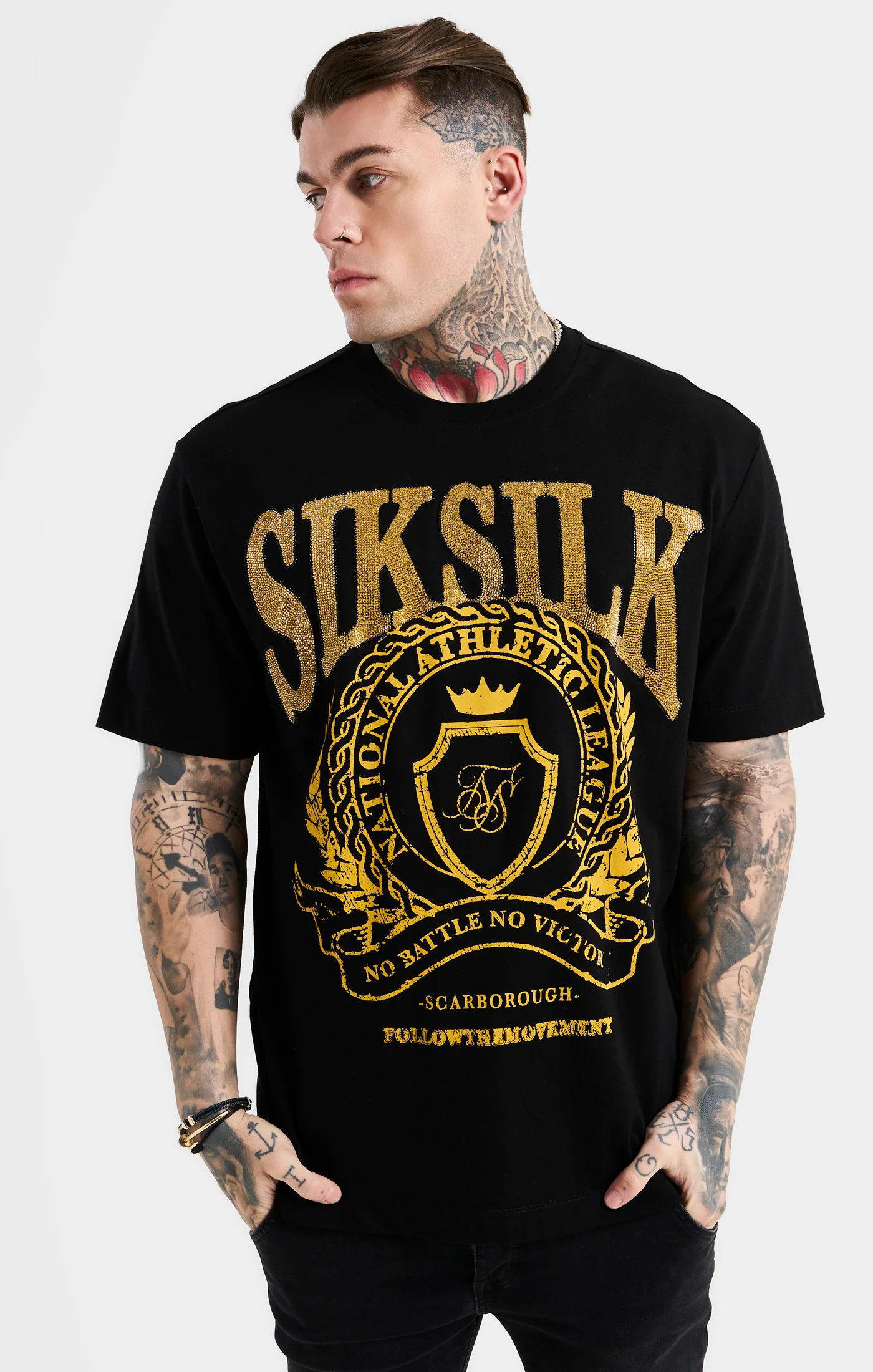 SikSilk Oversized Rhinestone Varsity T-Shirt - Black & Gold