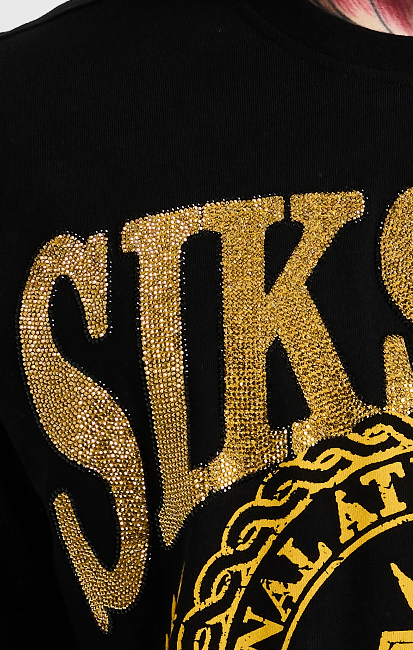 SikSilk Oversized Rhinestone Varsity T-Shirt - Black & Gold - Image 2