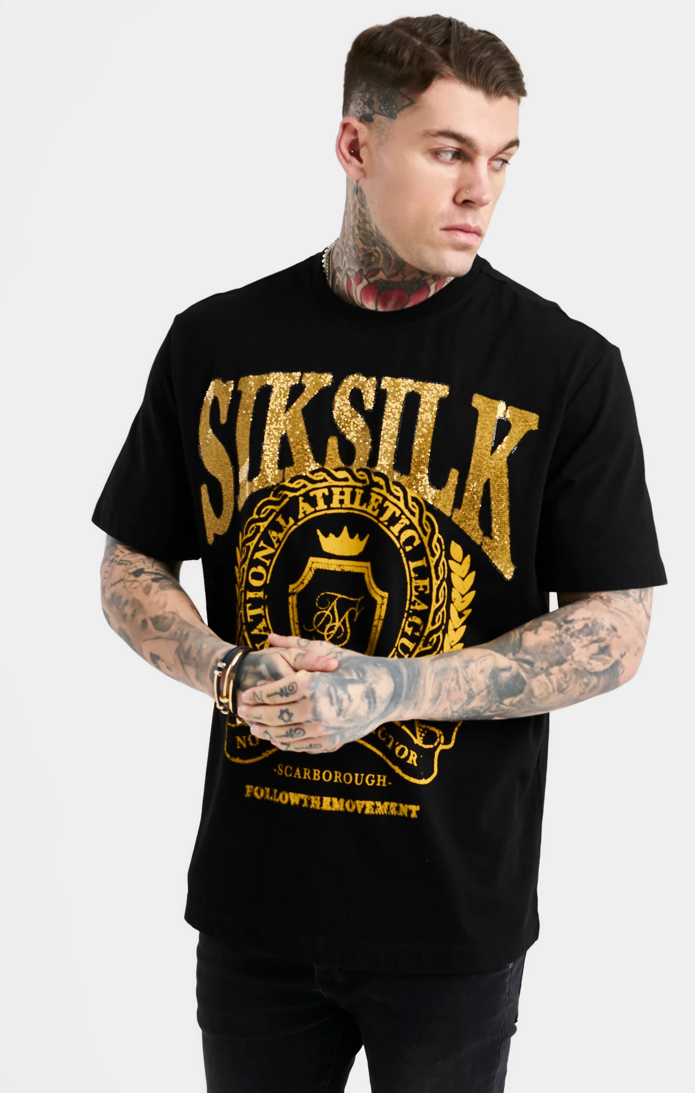 SikSilk Oversized Rhinestone Varsity T-Shirt - Black & Gold - Image 6