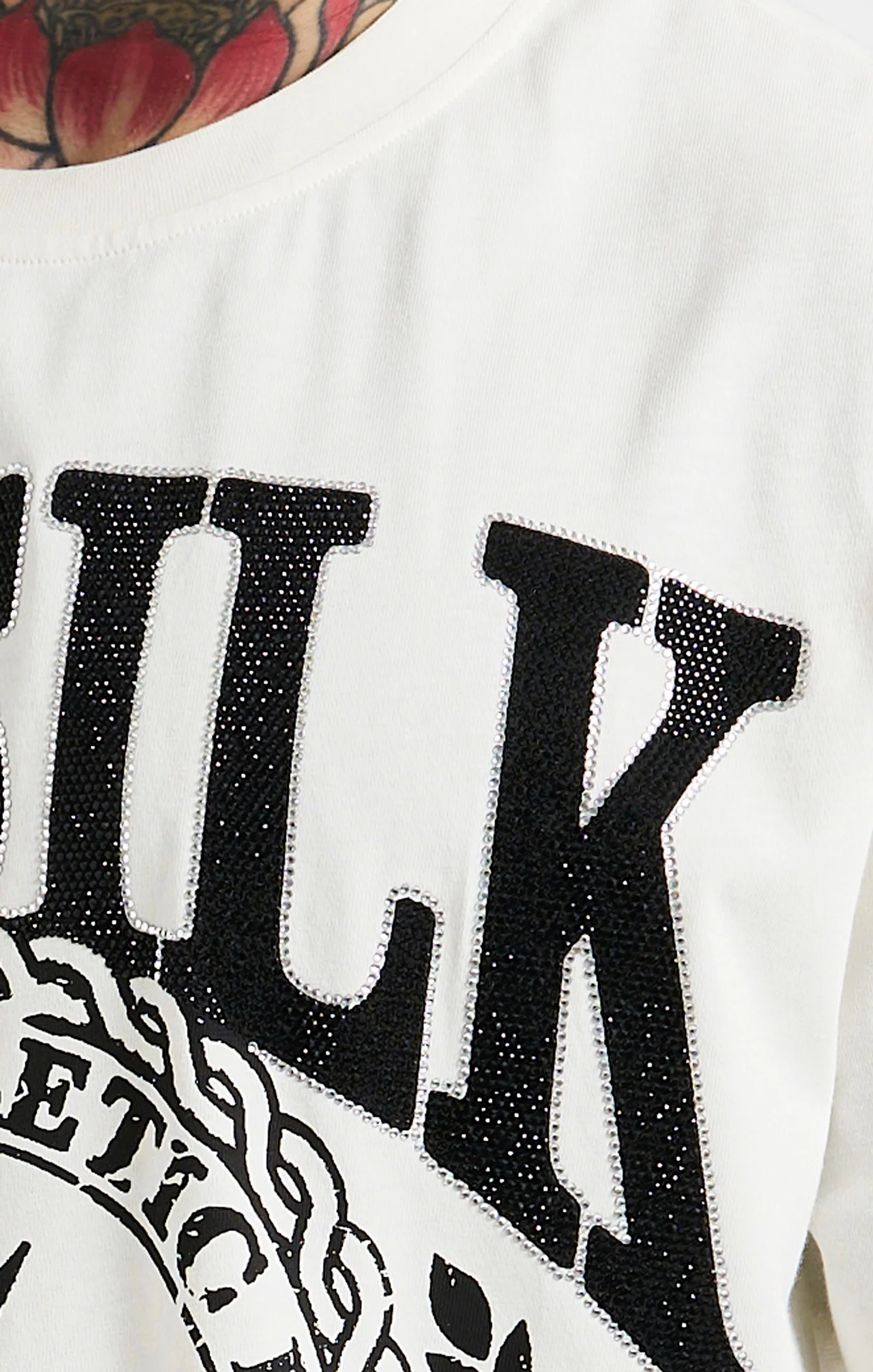 SikSilk Oversized Rhinestone Varsity T-Shirt - Ecru & Black - Image 2