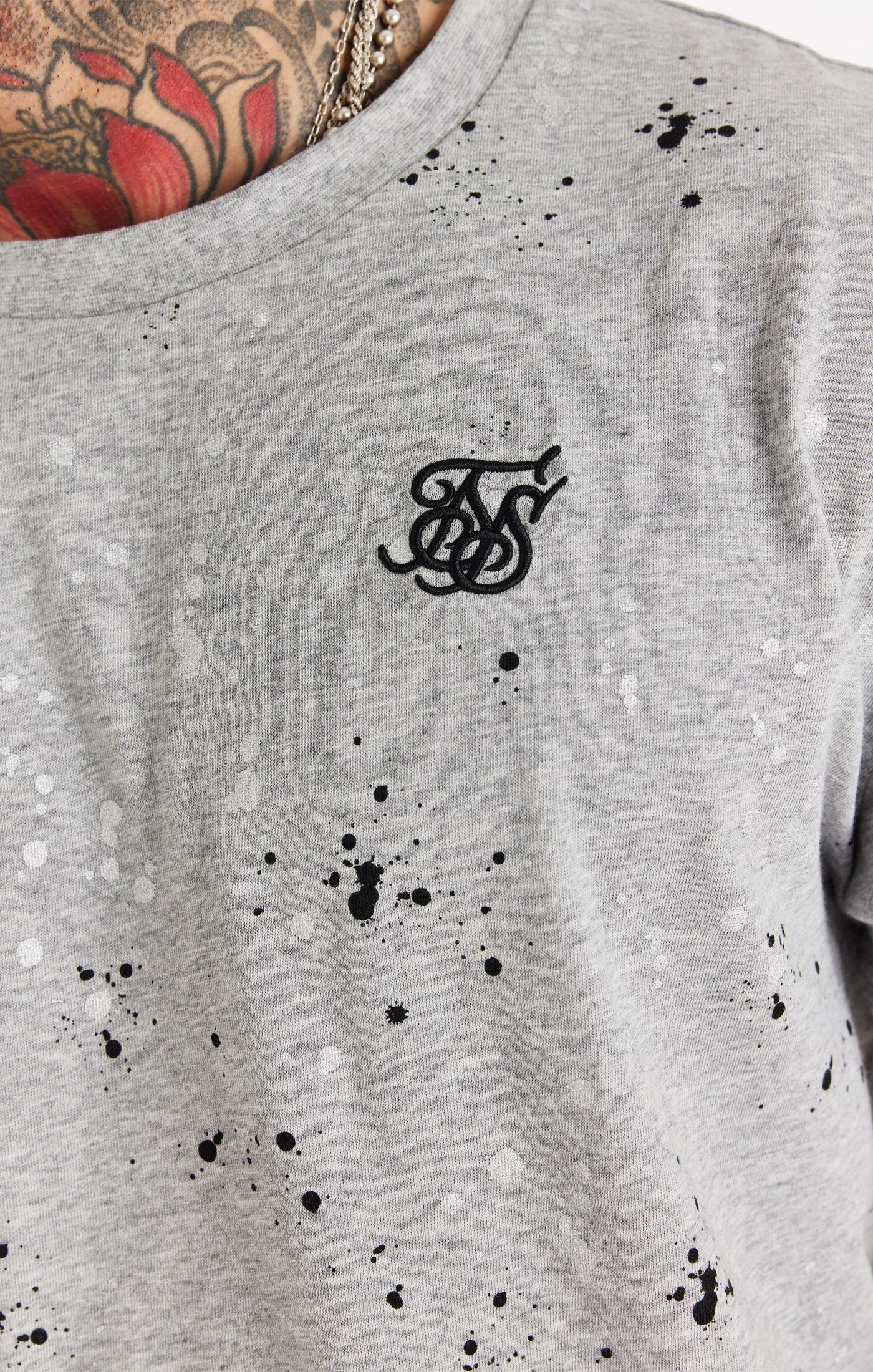 SikSilk Paint Splatter Tee - Grey Marl - Image 2