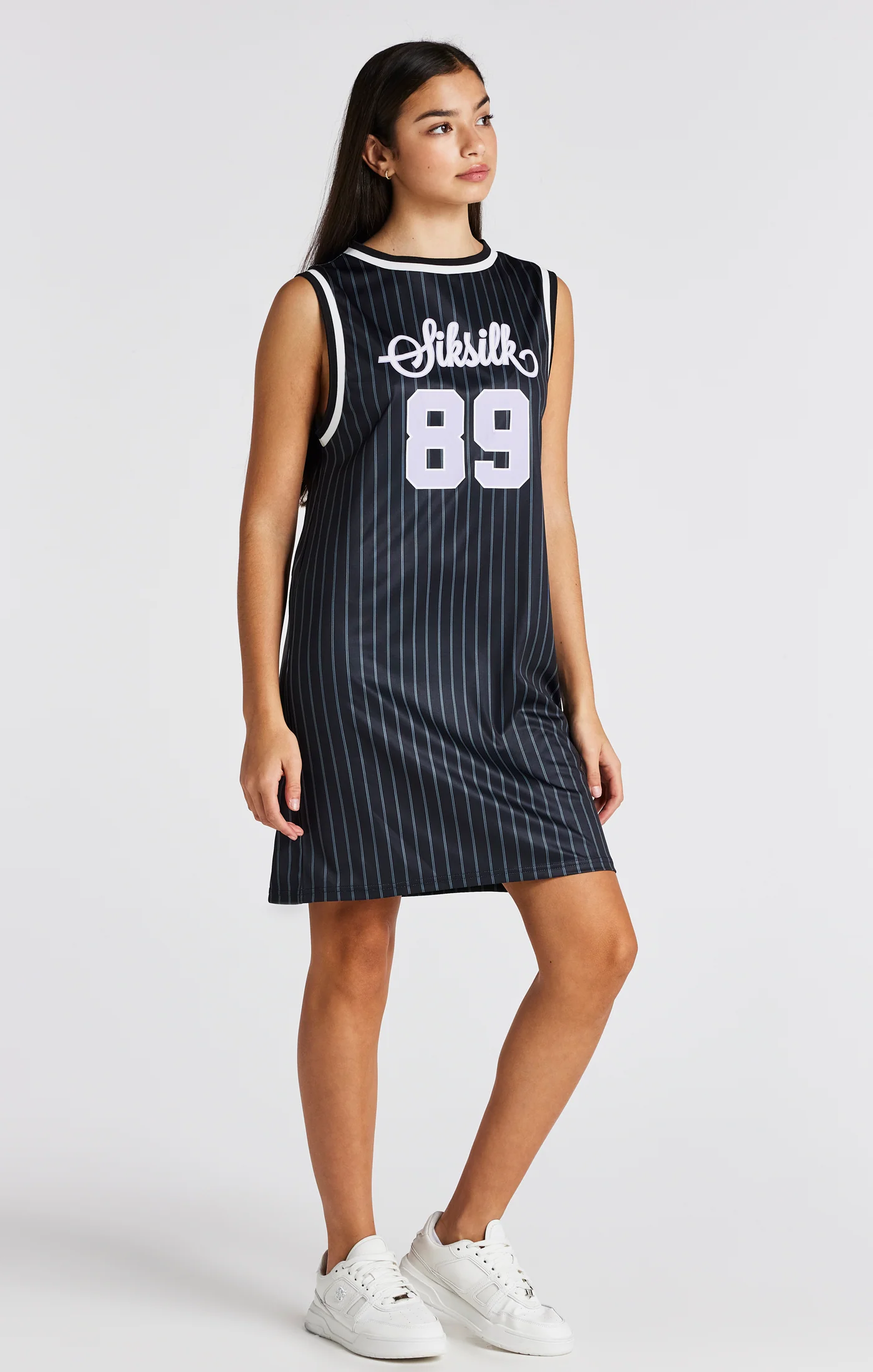 Girls Black Pinstripe Basketball Dress - Image 4