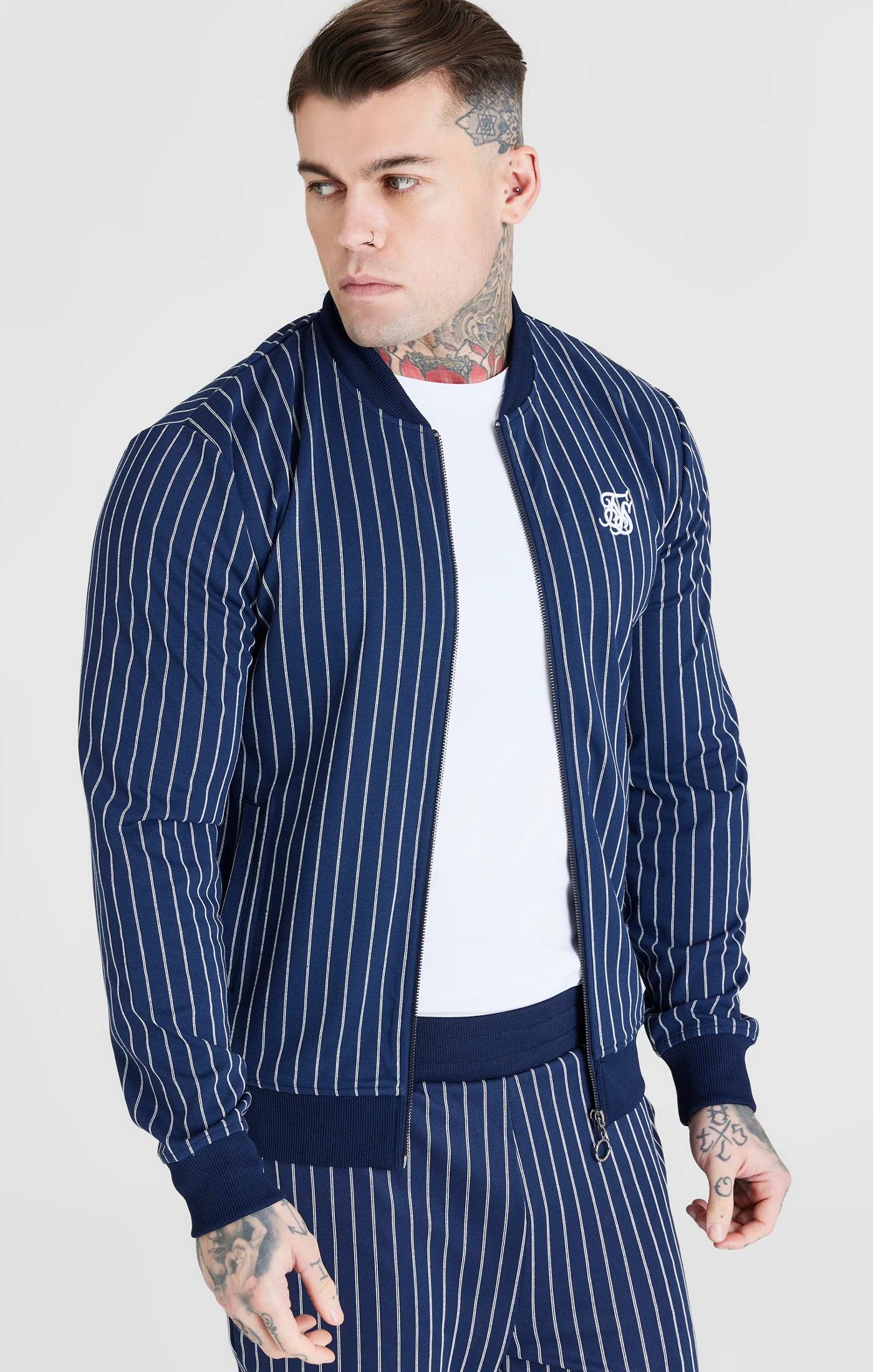 SikSilk Pinstripe Bomber - Navy