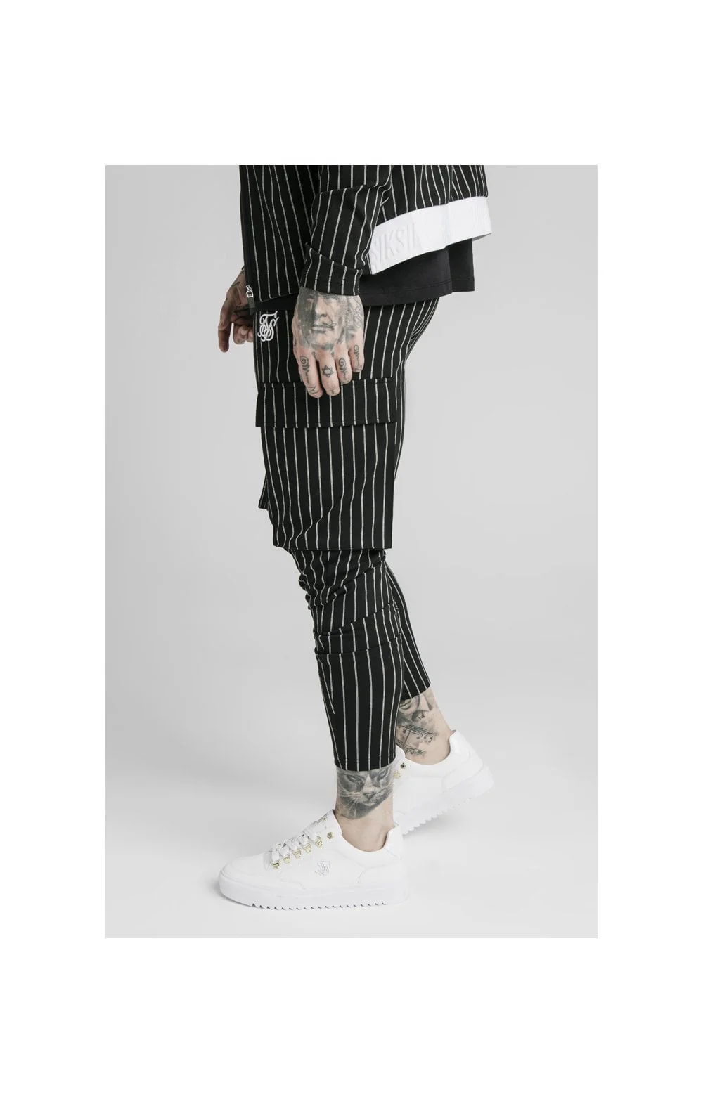 SikSilk Pinstripe Cargo Pants - Black & White - Image 2