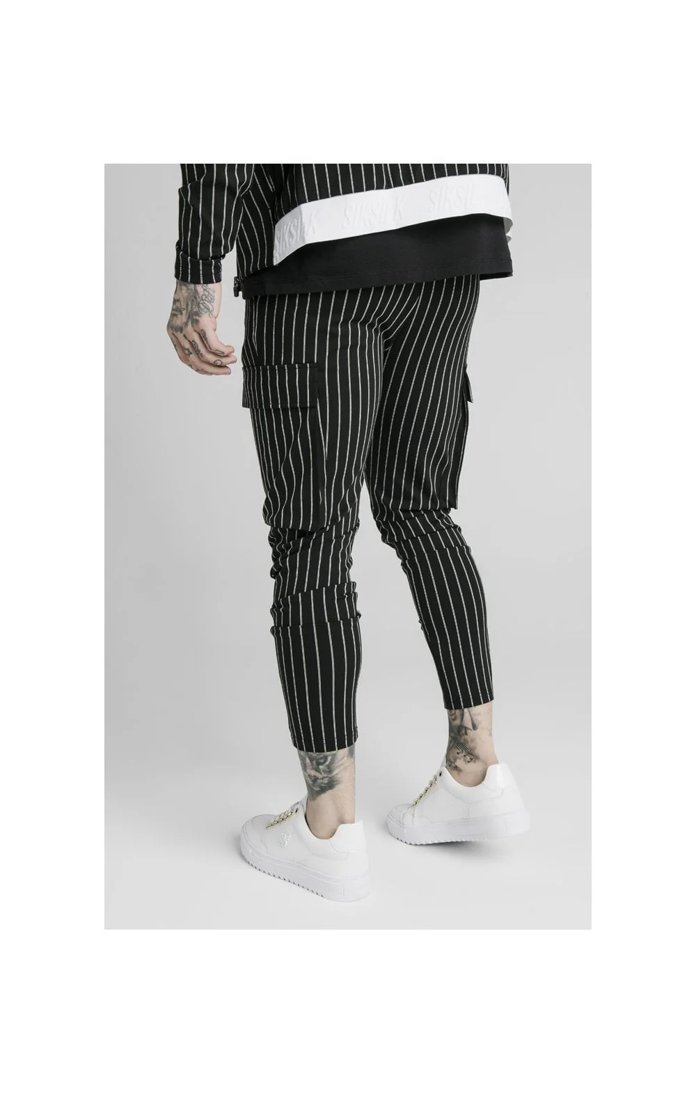 SikSilk Pinstripe Cargo Pants - Black & White - Image 3