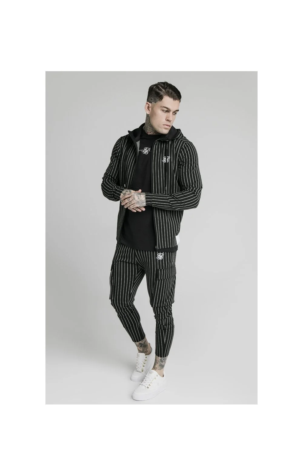 SikSilk Pinstripe Cargo Pants - Black & White - Image 6