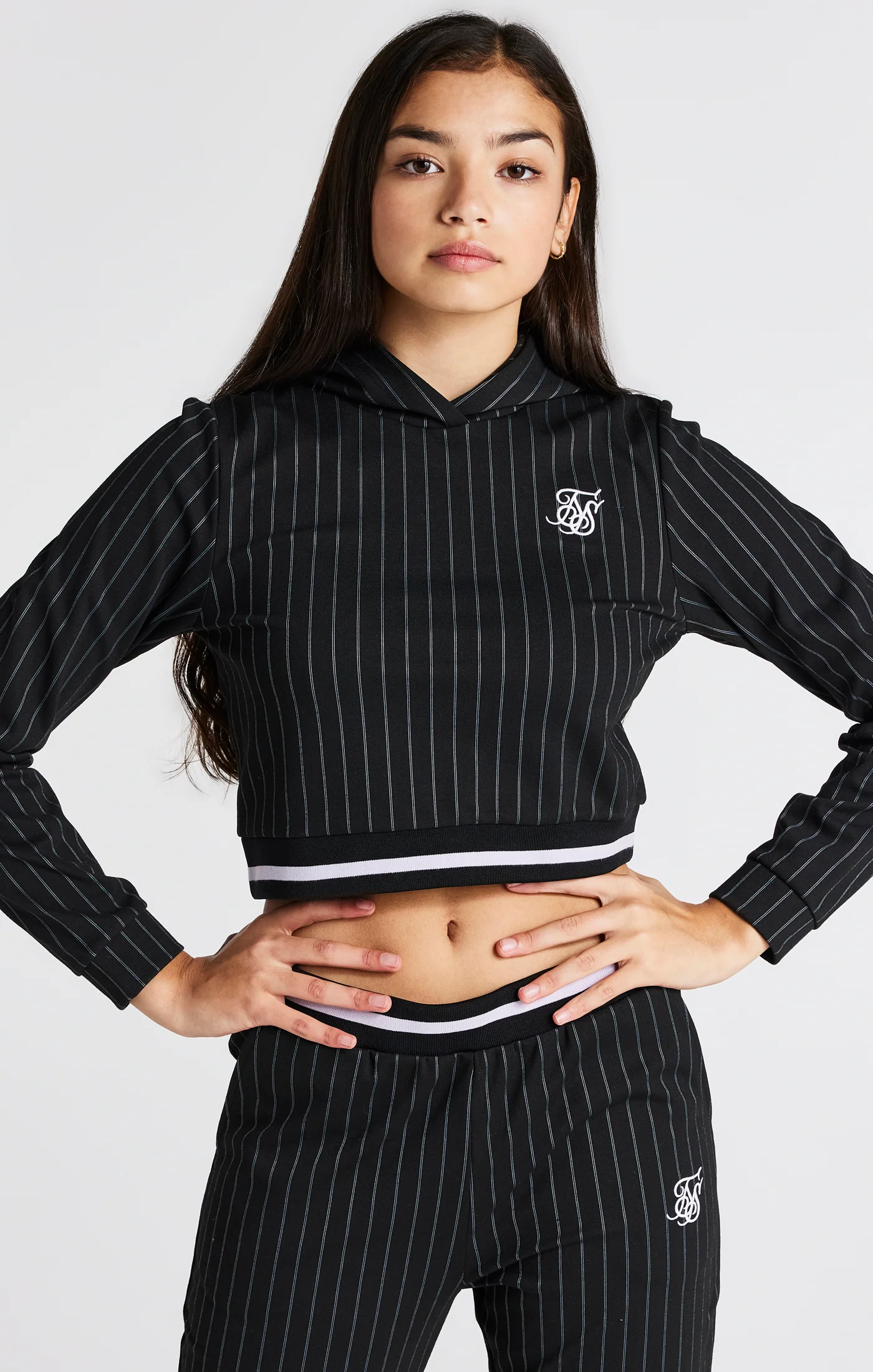 Girls Black Pinstripe Crop Hoodie - Image 6