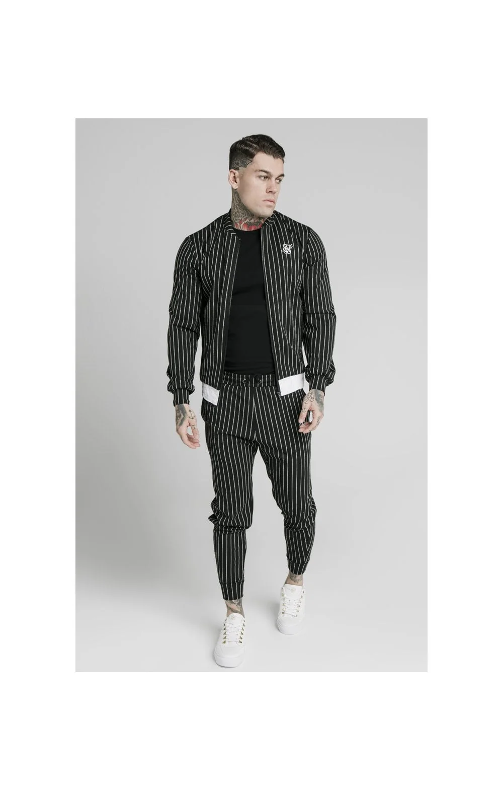 SikSilk Pinstripe Cuff Pants - Black & White - Image 2