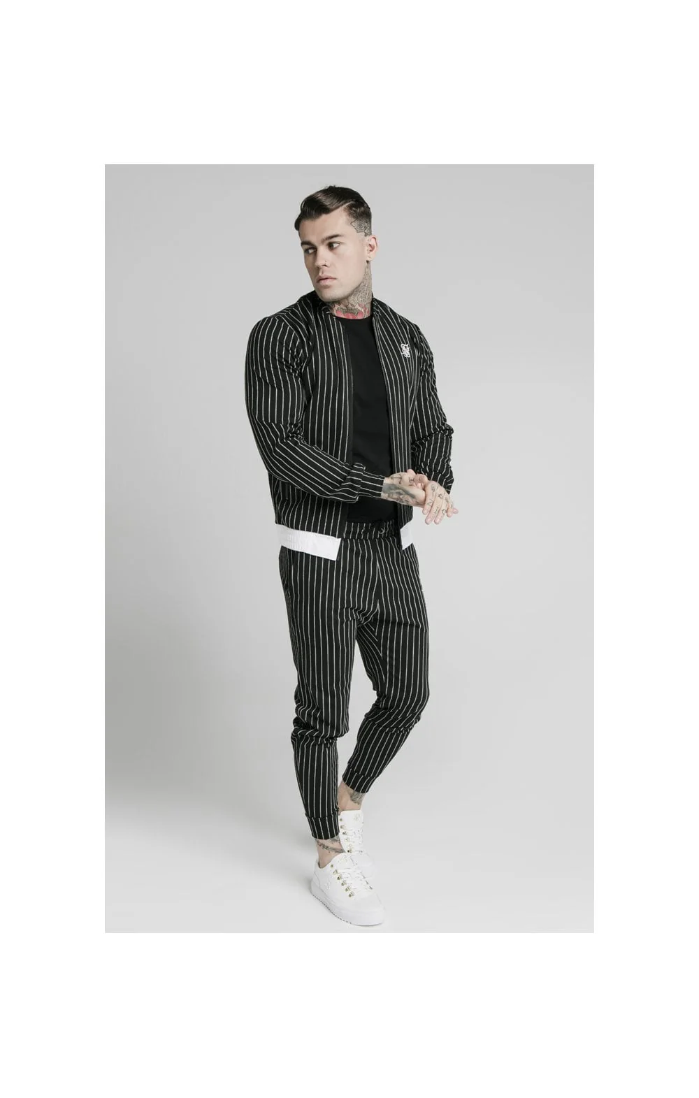 SikSilk Pinstripe Cuff Pants - Black & White - Image 3