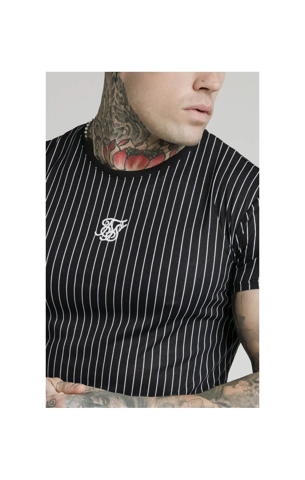 SikSilk Pinstripe Tee - Black & White - Image 2