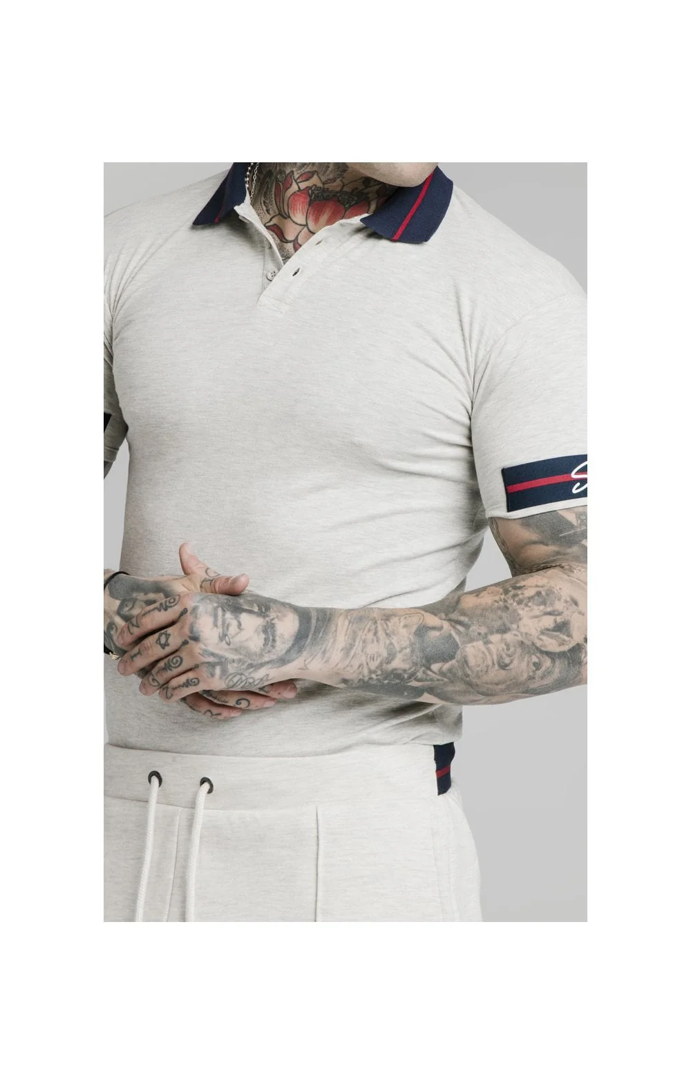 SikSilk Pique Polo Shirt Exposed Tape - Light Grey - Image 2