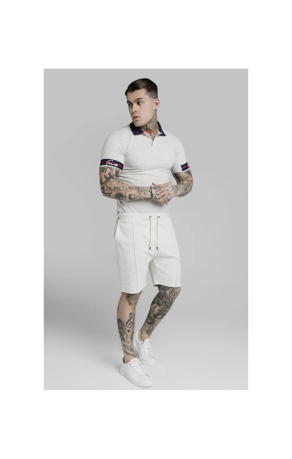 SikSilk Pique Polo Shirt Exposed Tape - Light Grey - Image 3