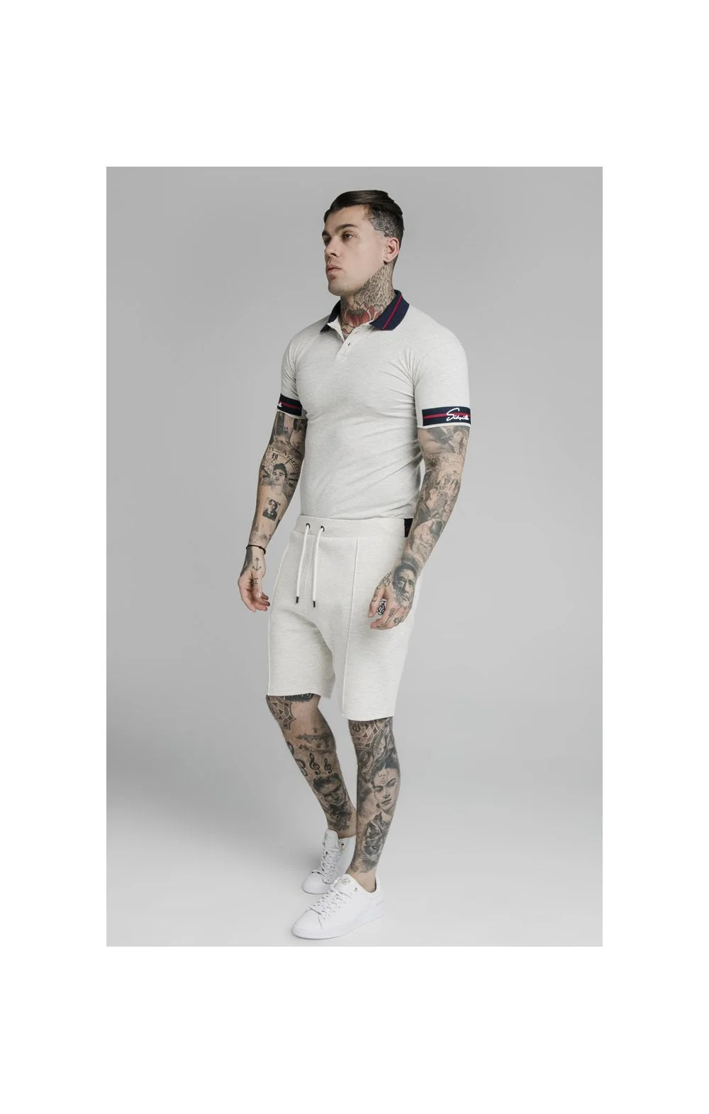 SikSilk Pique Polo Shirt Exposed Tape - Light Grey - Image 4