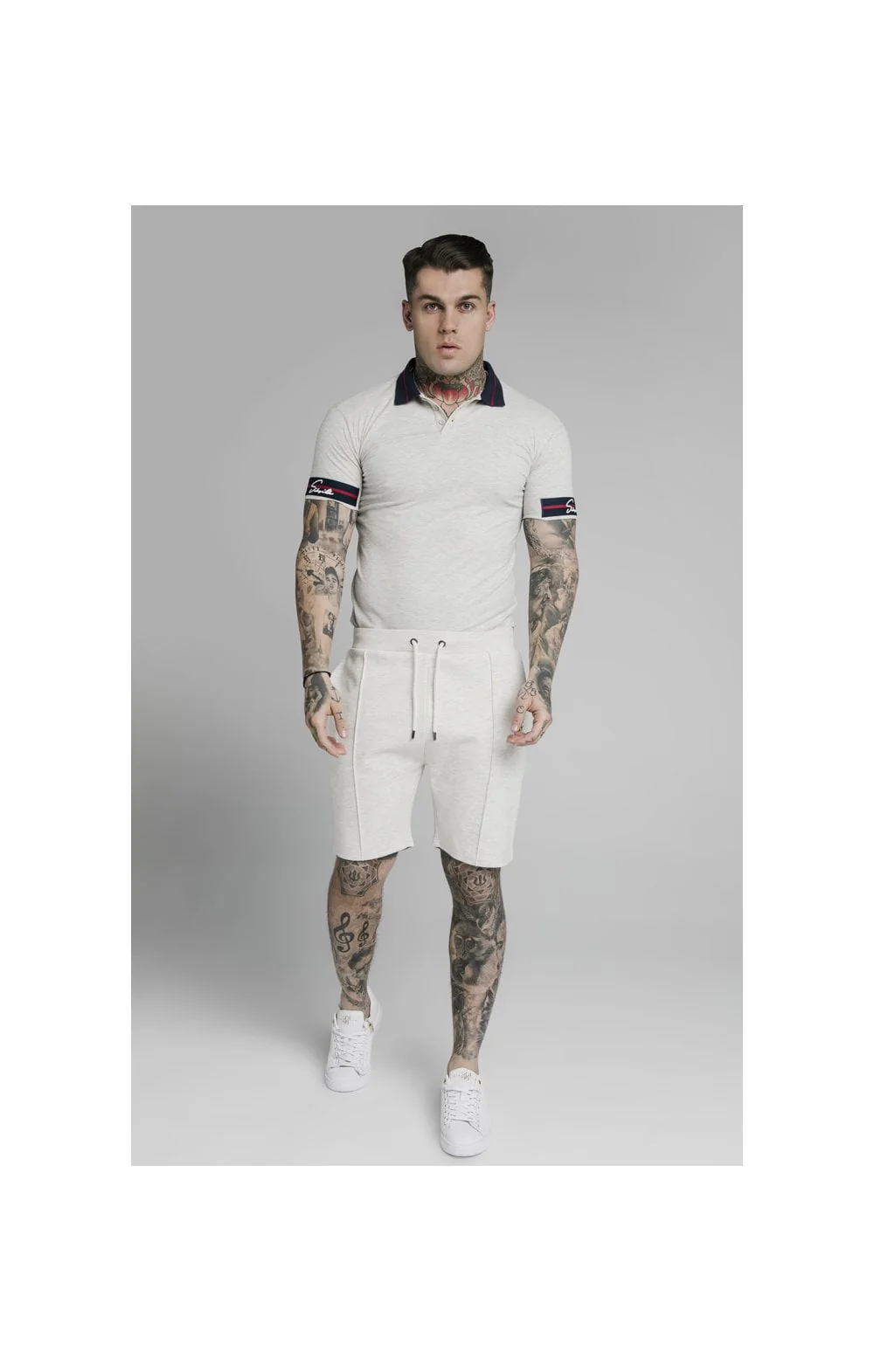 SikSilk Pique Polo Shirt Exposed Tape - Light Grey - Image 5