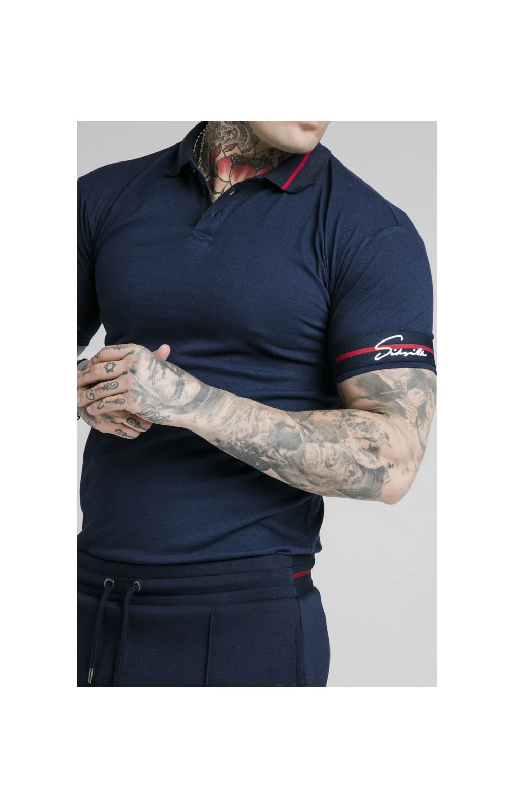 SikSilk Pique Polo Shirt Exposed Tape - Navy - Image 2