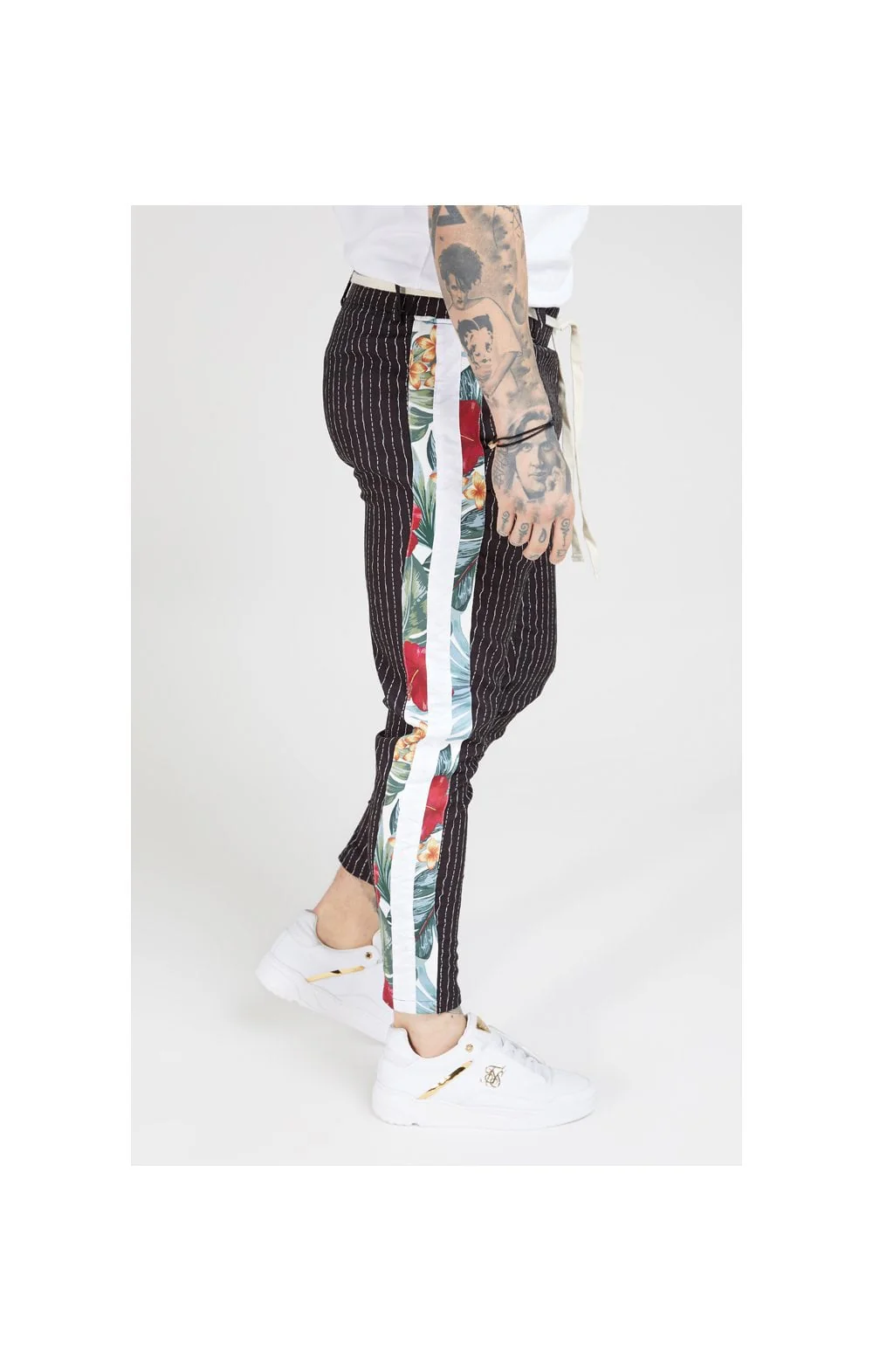 SikSilk Pleated Drop Crotch Tape Pants - Navy Pin Stripe - Image 2
