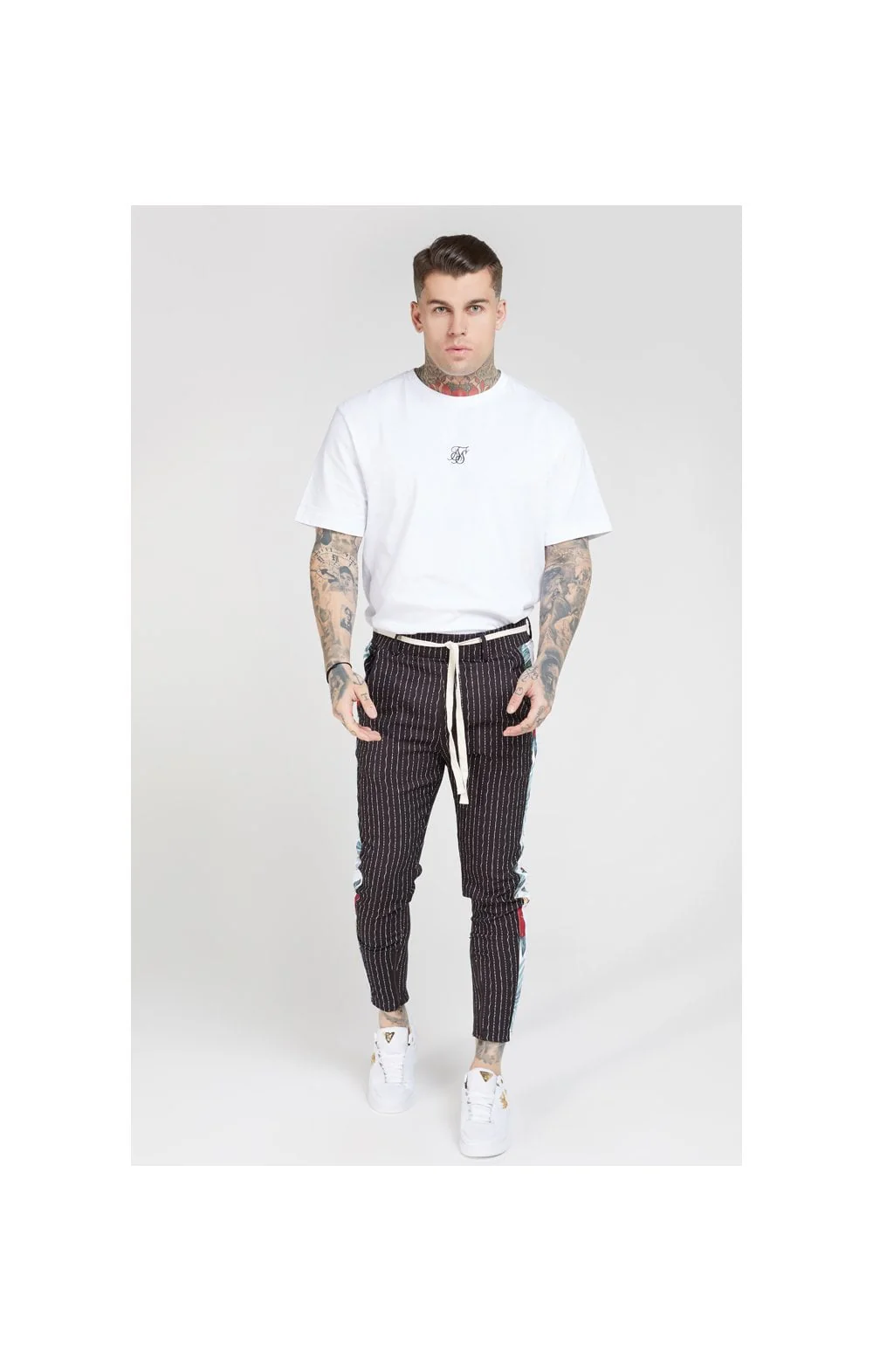 SikSilk Pleated Drop Crotch Tape Pants - Navy Pin Stripe - Image 3