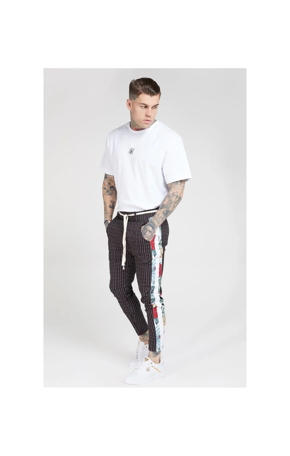 SikSilk Pleated Drop Crotch Tape Pants - Navy Pin Stripe - Image 4