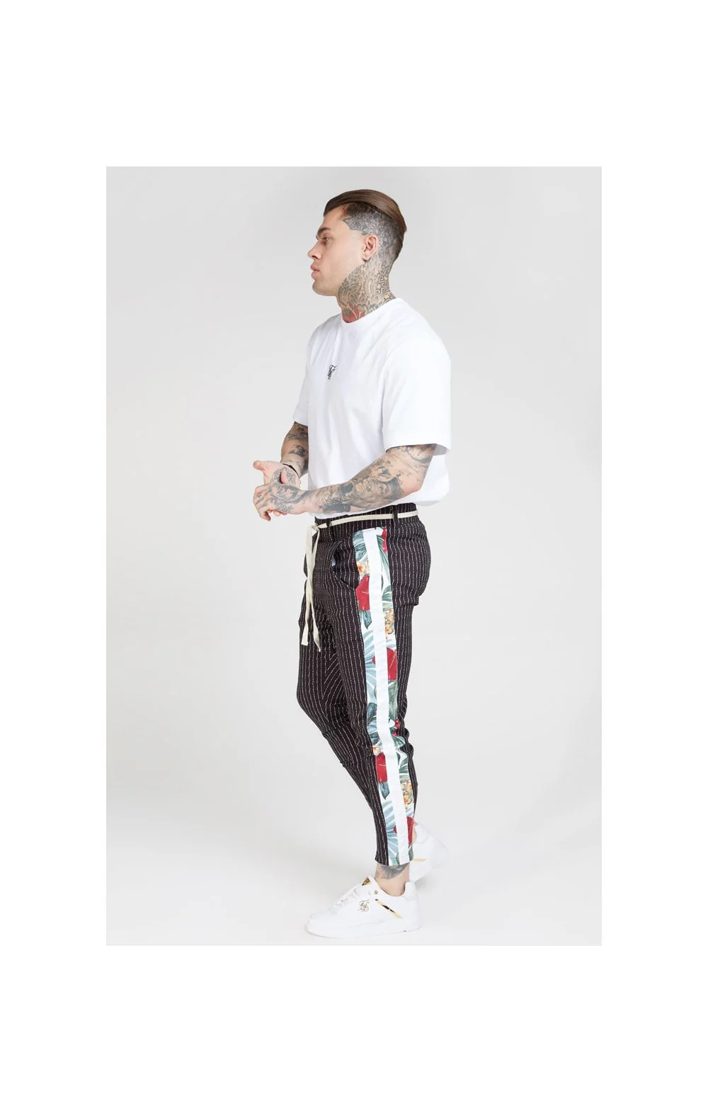 SikSilk Pleated Drop Crotch Tape Pants - Navy Pin Stripe - Image 5
