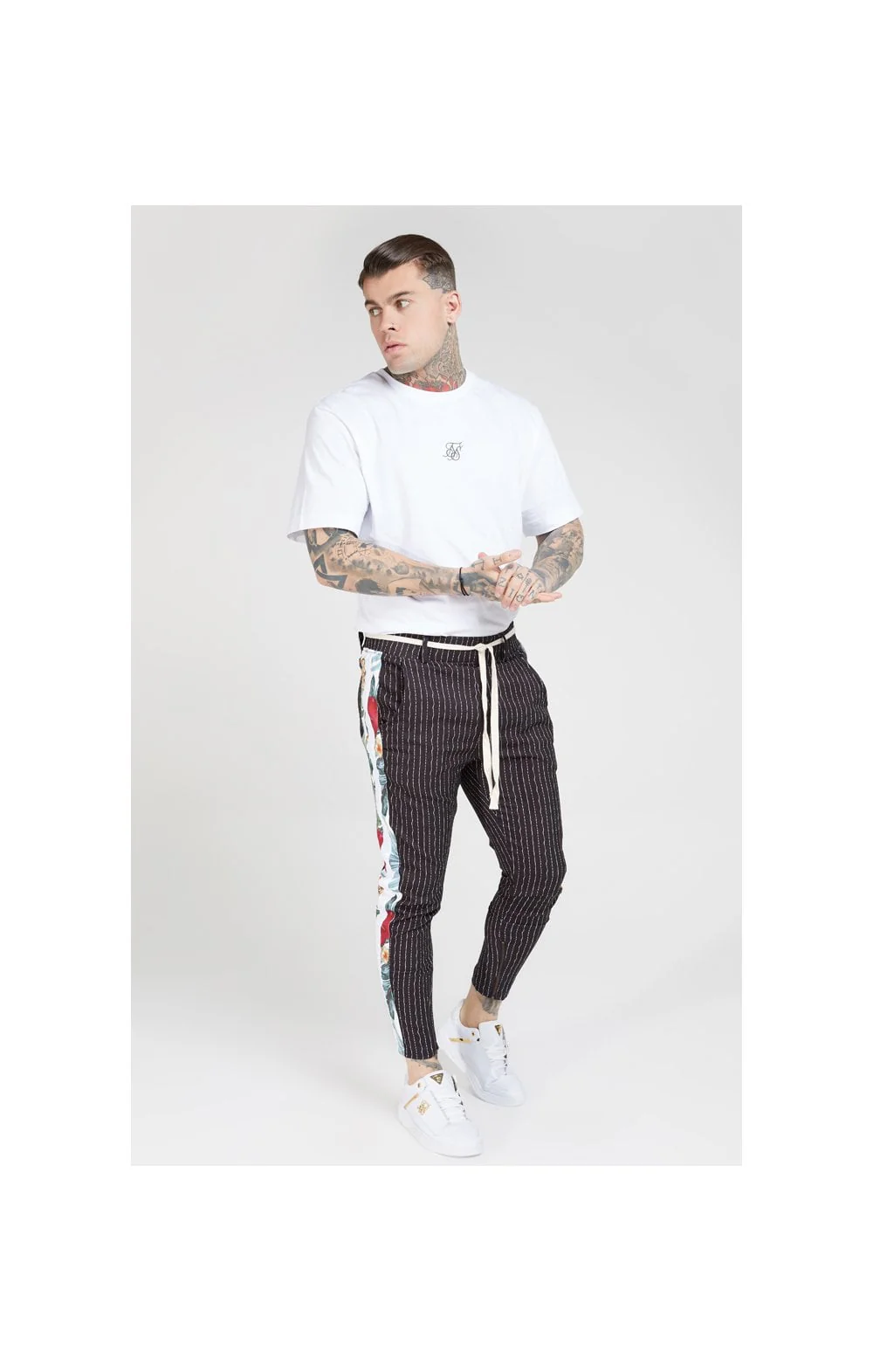 SikSilk Pleated Drop Crotch Tape Pants - Navy Pin Stripe - Image 6
