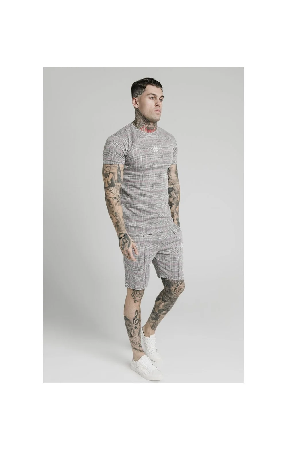 SikSilk Pleated Smart Shorts – Grey & Pink Check - Image 2