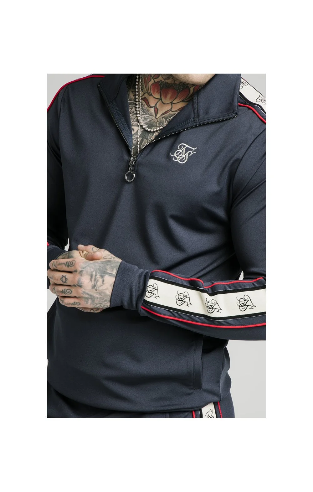 SikSilk Premium Tape 1/4 Zip Funnel Neck Hoodie- Navy - Image 2