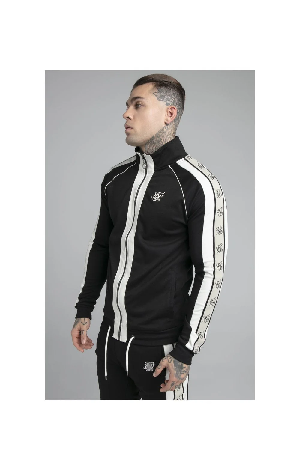 SikSilk Premium Tape Funnel Zip Through Hoodie - Jet Black & Off White