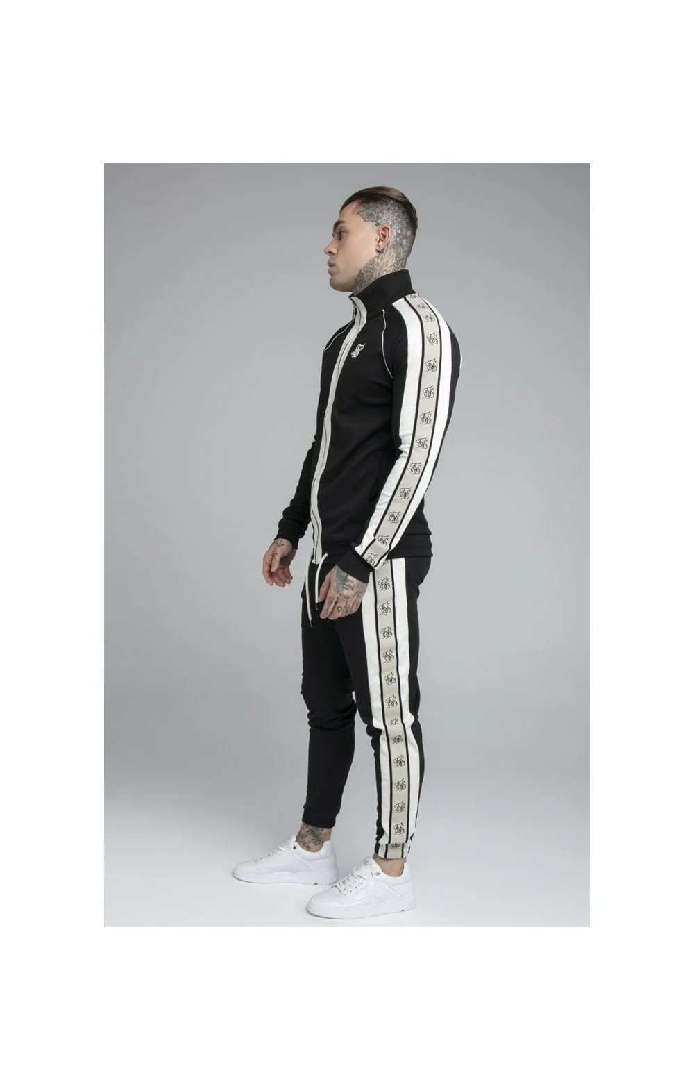 SikSilk Premium Tape Funnel Zip Through Hoodie - Jet Black & Off White - Image 3