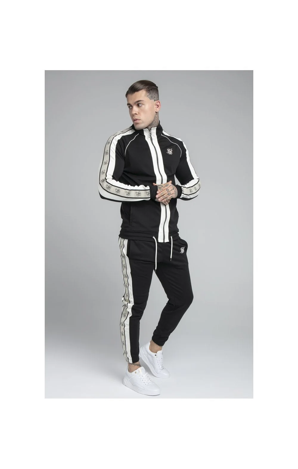 SikSilk Premium Tape Funnel Zip Through Hoodie - Jet Black & Off White - Image 4