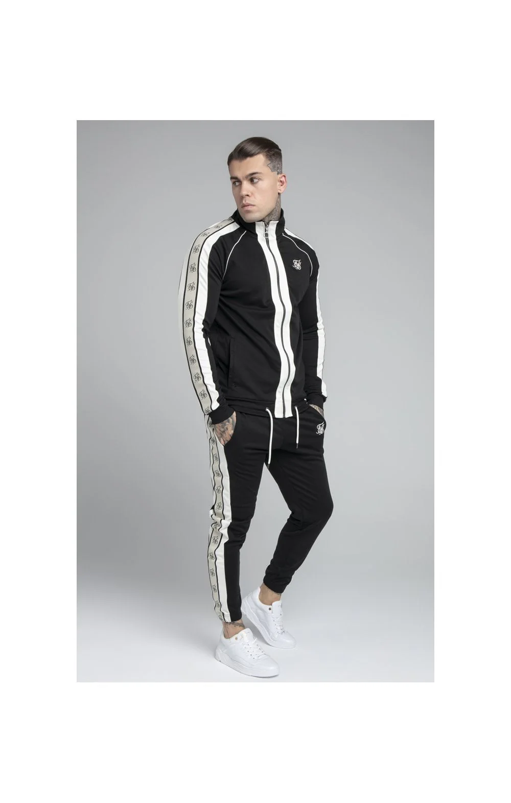 SikSilk Premium Tape Funnel Zip Through Hoodie - Jet Black & Off White - Image 5
