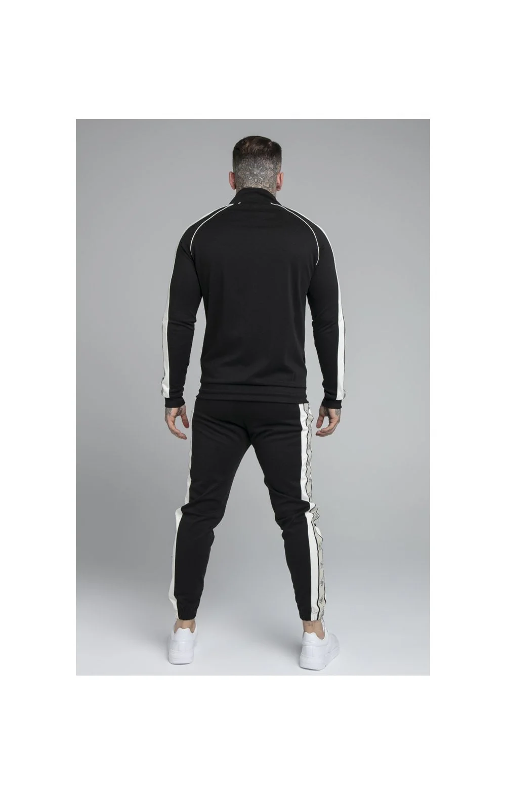 SikSilk Premium Tape Funnel Zip Through Hoodie - Jet Black & Off White - Image 7