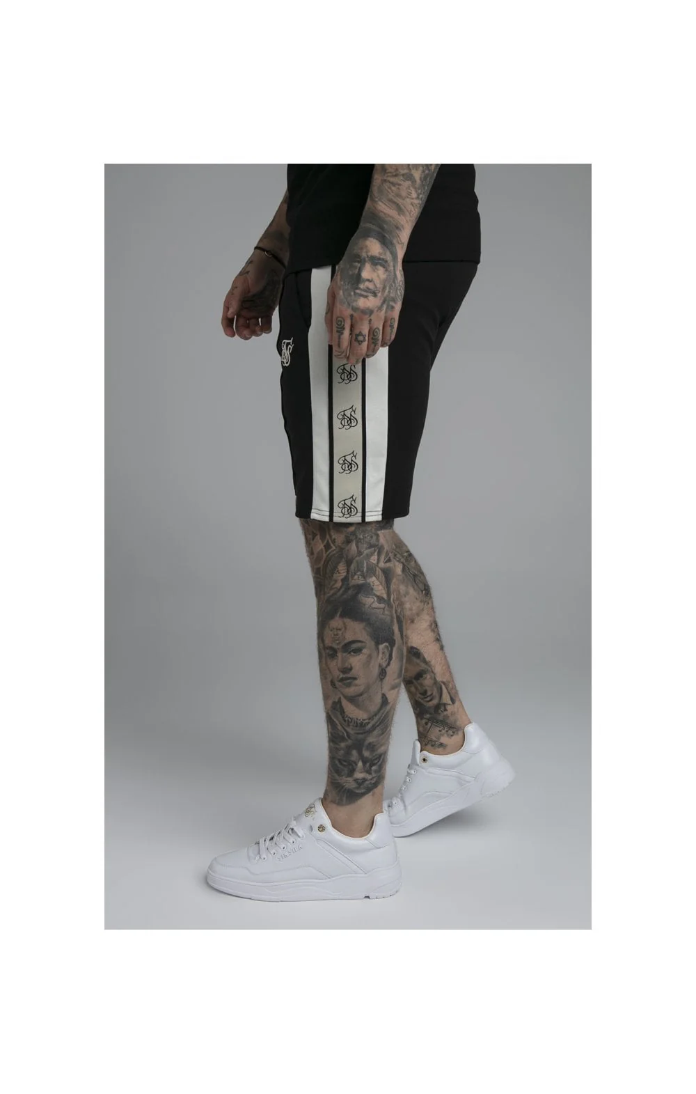 SikSilk Premium Tape Pleated Shorts - Jet Black & Off White - Image 2