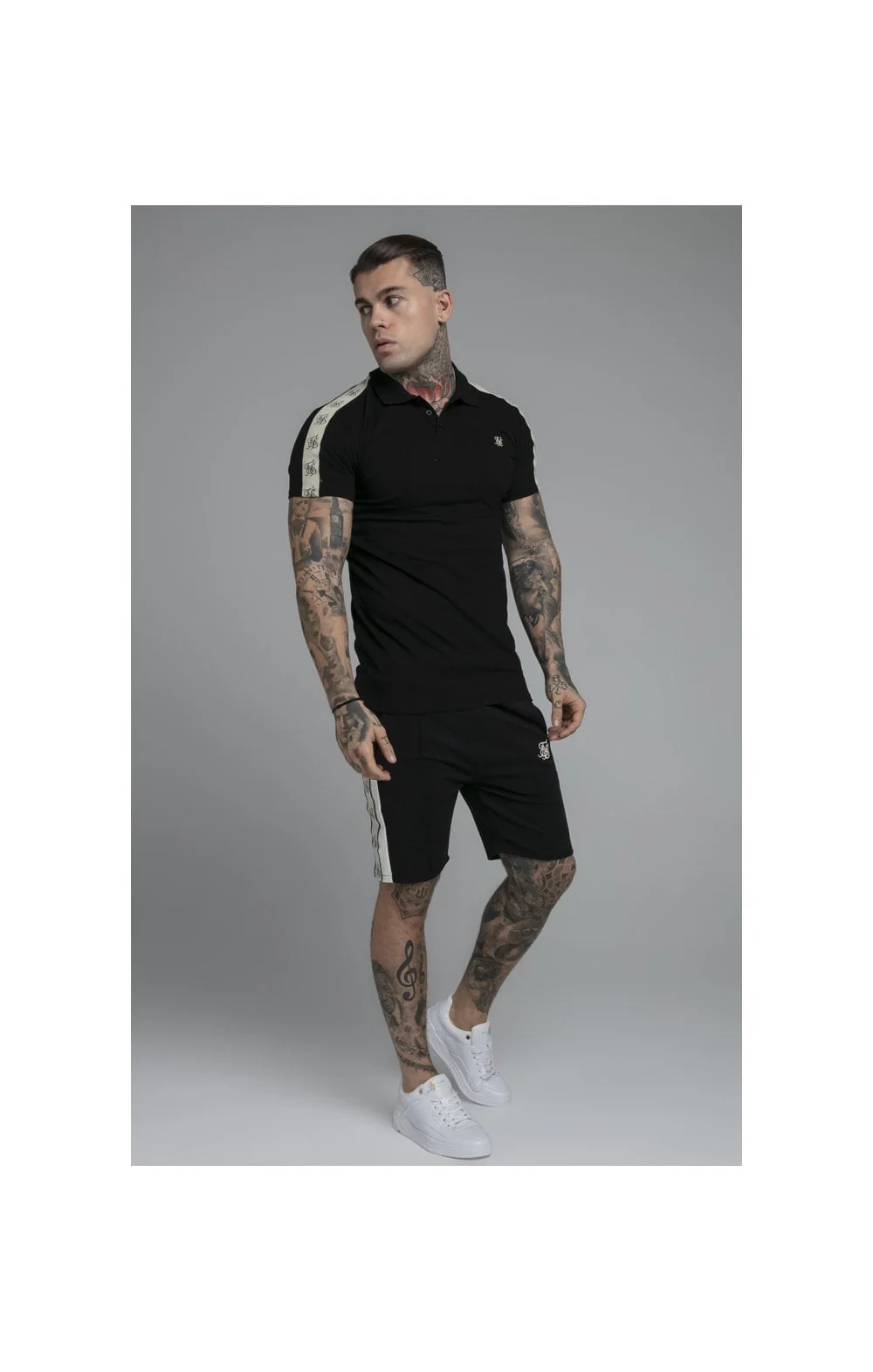 SikSilk Premium Tape Pleated Shorts - Jet Black & Off White - Image 4