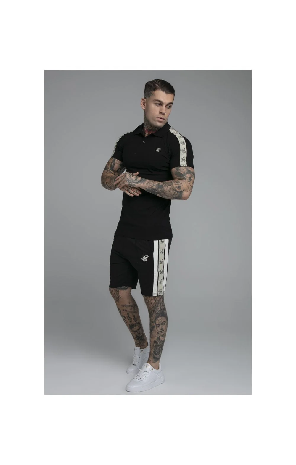 SikSilk Premium Tape Pleated Shorts - Jet Black & Off White - Image 5