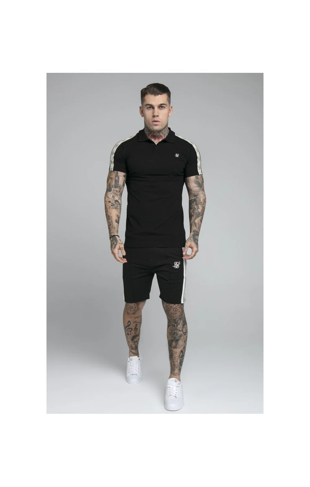 SikSilk Premium Tape Pleated Shorts - Jet Black & Off White - Image 6