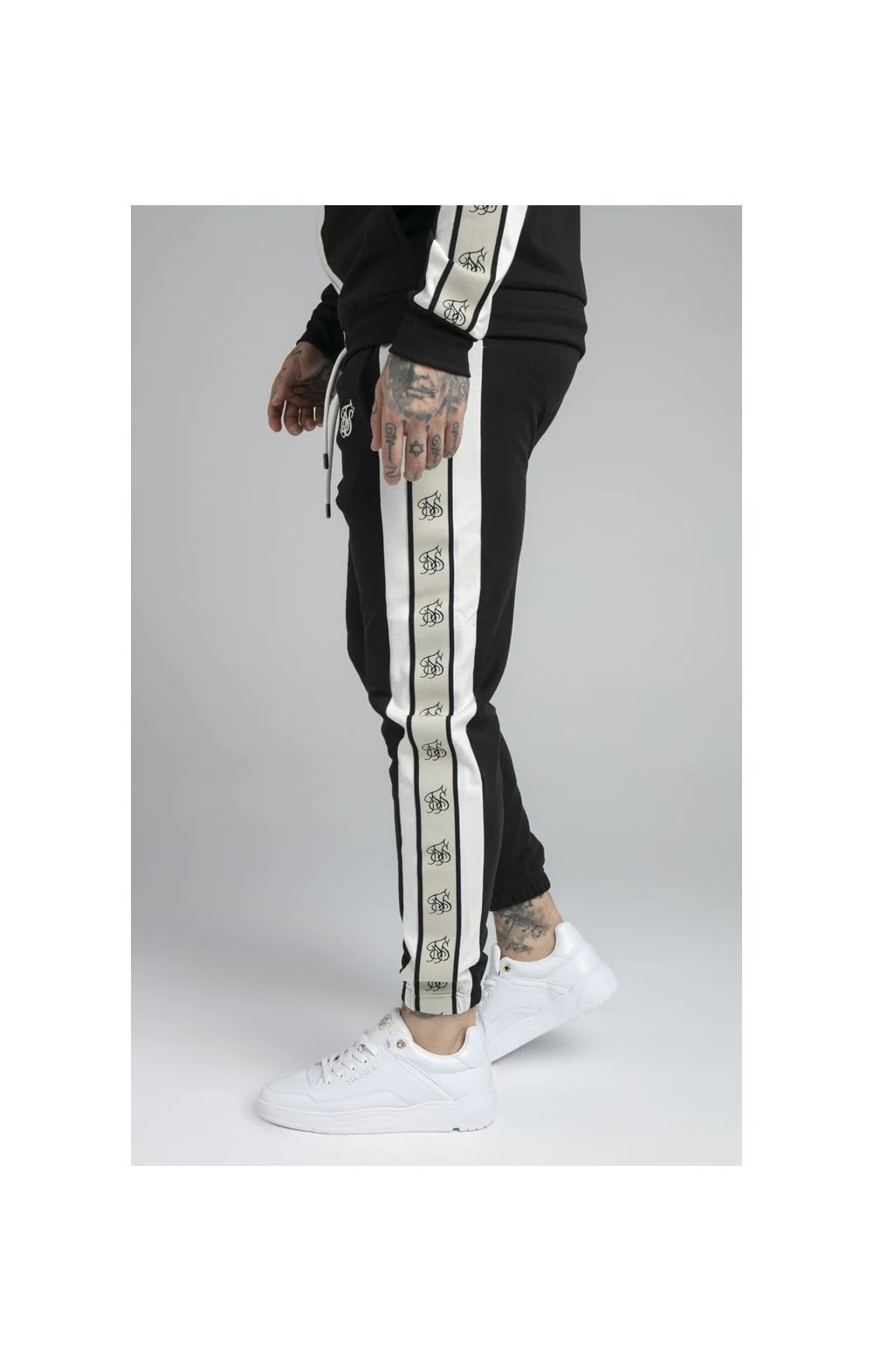SikSilk Premium Tape Track Pant - Jet Black & Off White - Image 2