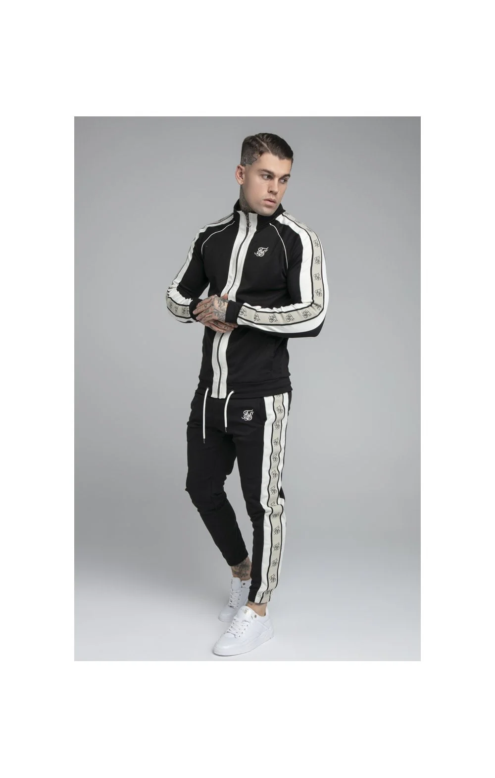 SikSilk Premium Tape Track Pant - Jet Black & Off White - Image 6