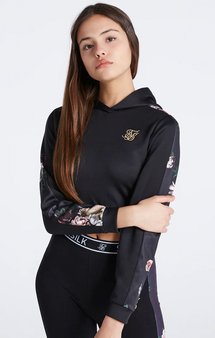 Girls Black Floral Panel Cropped Hoodie - Image 2
