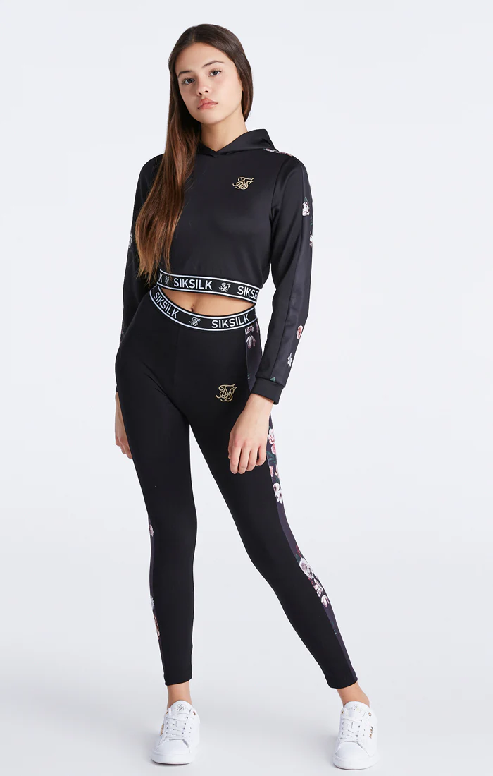 Girls Black Floral Panel Cropped Hoodie - Image 6
