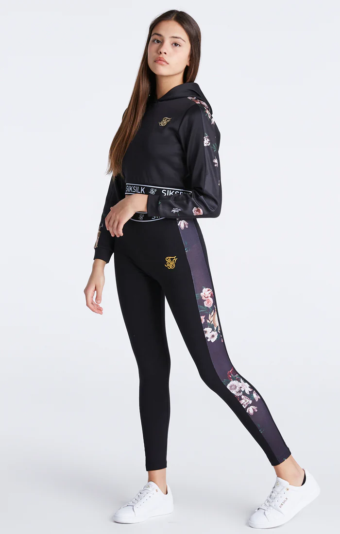 Girls Black Floral Panel Cropped Hoodie - Image 8