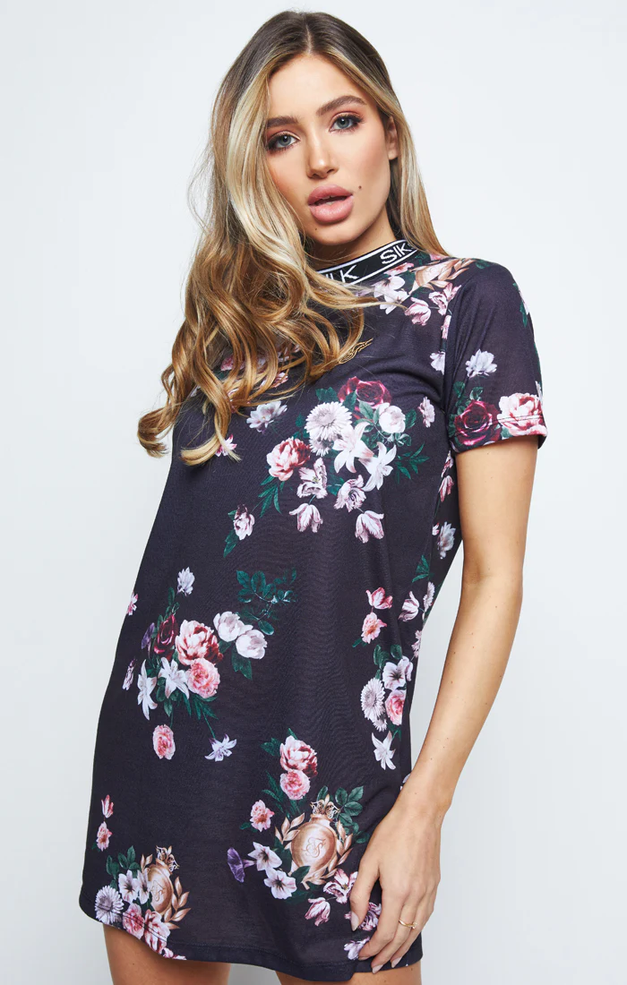 SikSilk Prestige Floral Tee Dress – Black