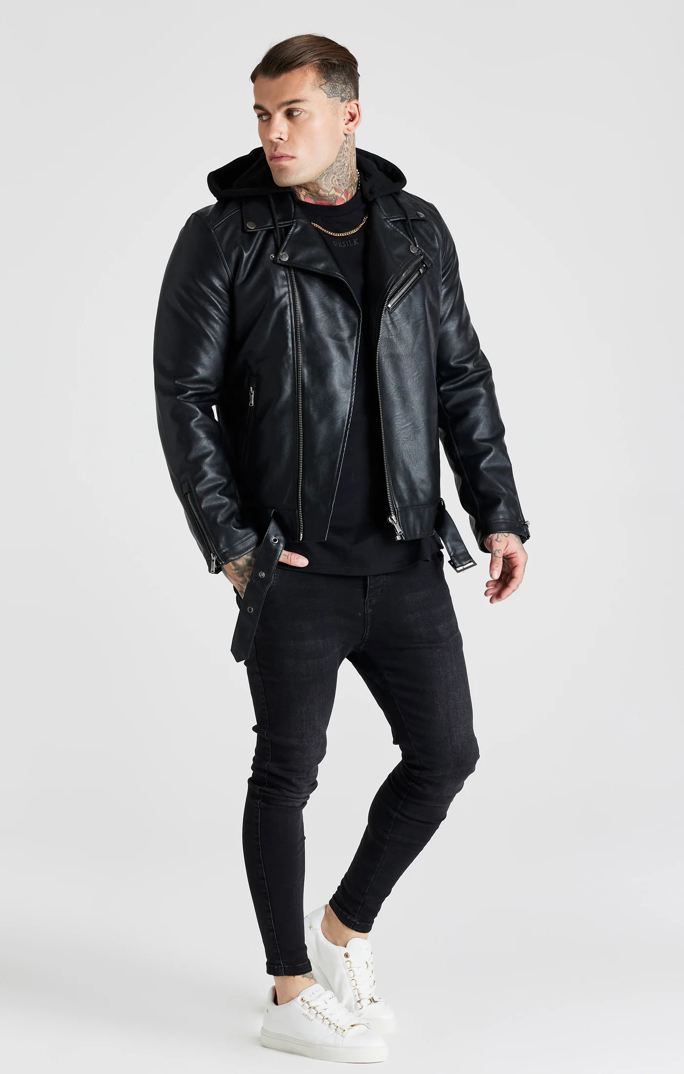 Black Hooded Biker Jacket - Image 3