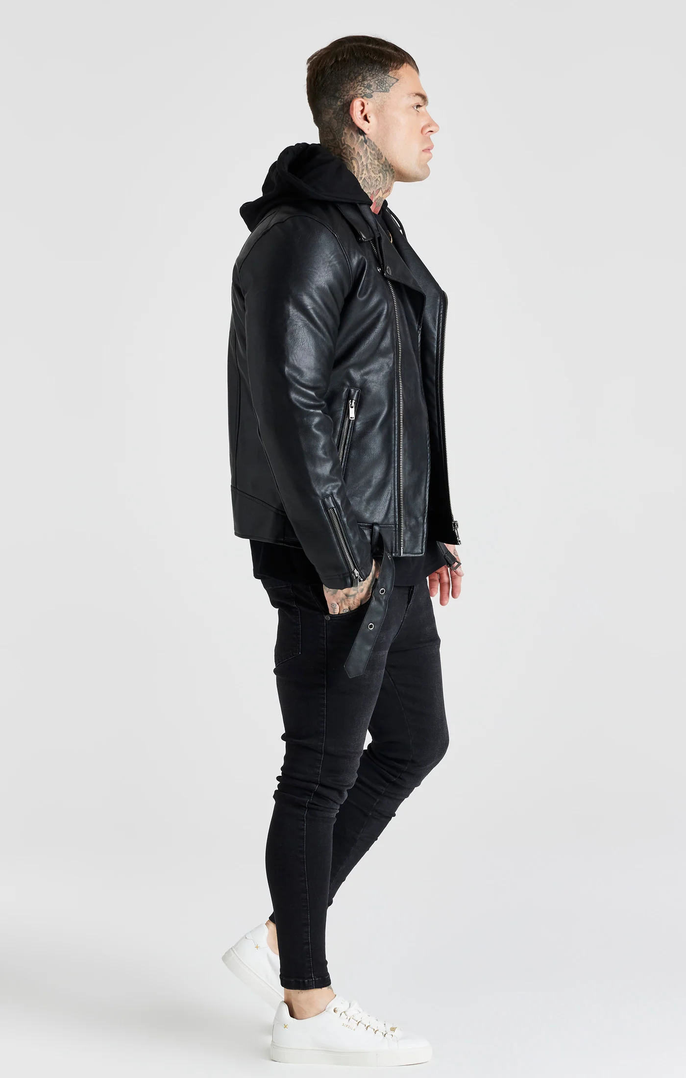 Black Hooded Biker Jacket - Image 4