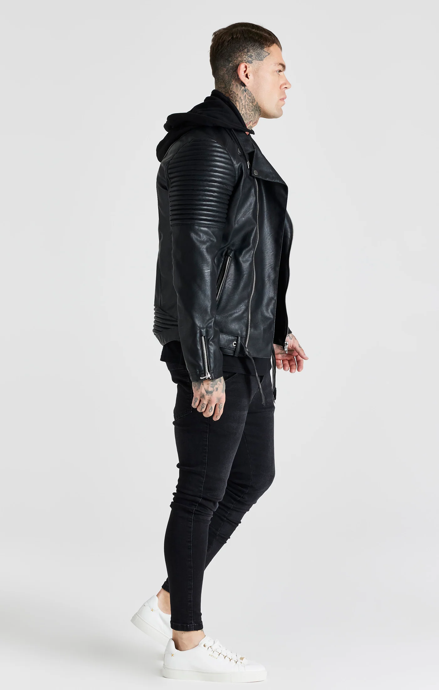 Black Hooded Detail Biker Jacket - Image 4