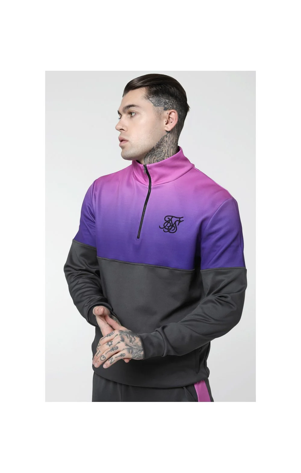 SikSilk Quarter Zip Poly Racer Track Top - Urban Grey & Neon Tri Fade