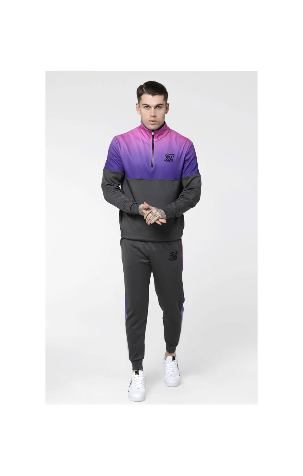 SikSilk Quarter Zip Poly Racer Track Top - Urban Grey & Neon Tri Fade - Image 2