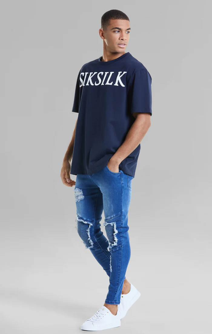 SikSilk Raw Hem Biker Jeans - Midstone Blue - Image 2
